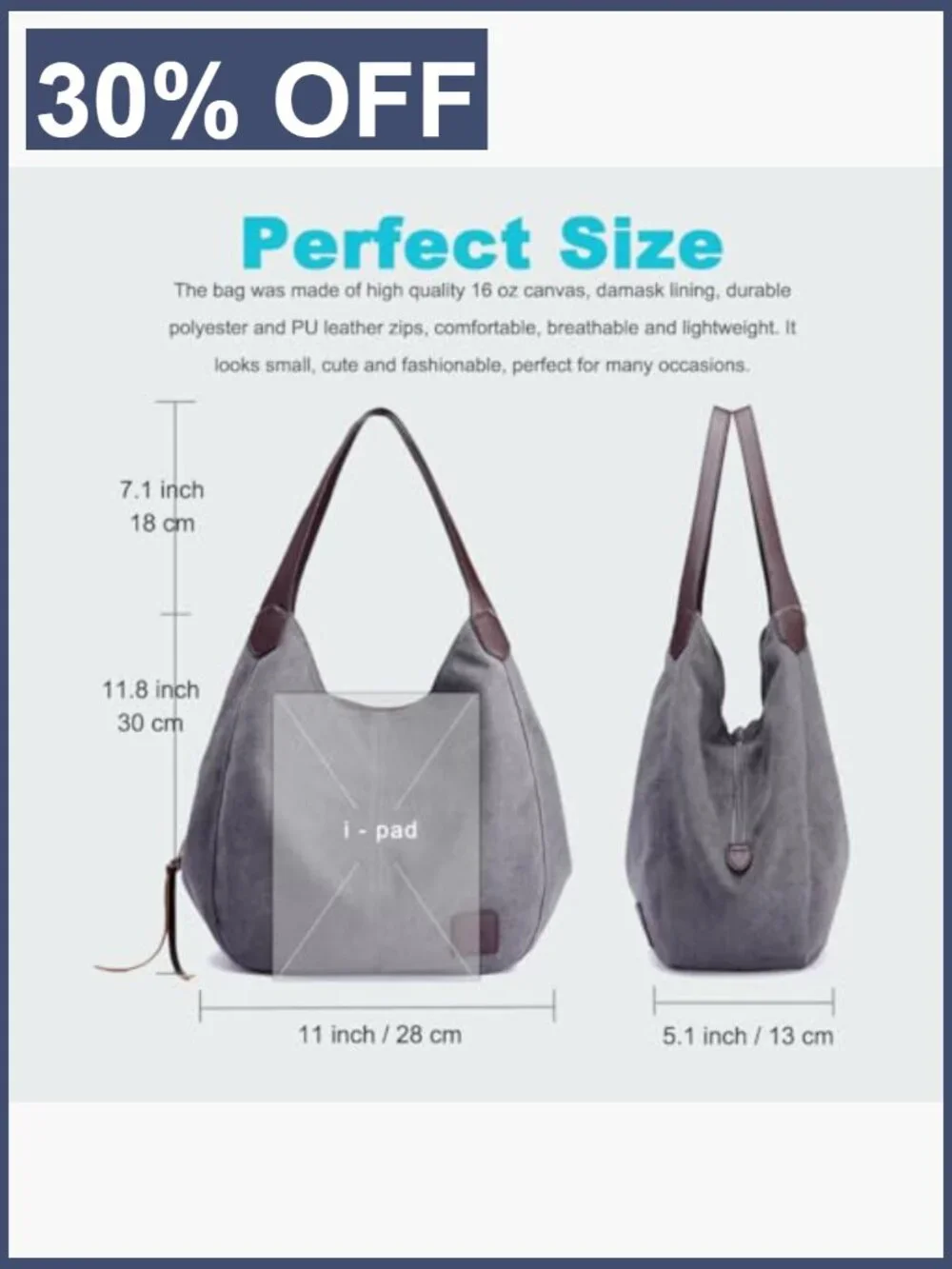 Canvas Multi-Pocket Hobo Tote Shoulder Bag for Women Travel Work Large Capacity